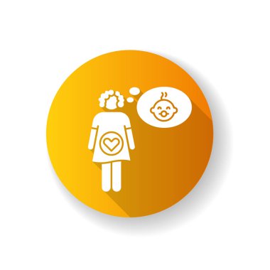 Hamilelik turuncu düz tasarım uzun gölge sembolü hissi. Yumurtlamanın erken belirtileri. Annelik hissi. Aile planlaması. Müstakbel anne. Bebek bekleyen bir bayan. Siluet RGB renk çizimi