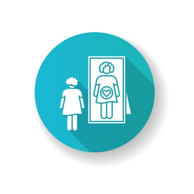 Sezgisel his mavi düz tasarım uzun gölge sembolü. Hamileliğin erken belirtileri. Bebek bekleyen bir kadın. Müstakbel yetişkin. Aynaya bakan kadın. Siluet RGB renk çizimi