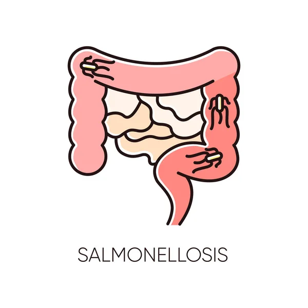 サルモネラ症Rgbカラーアイコン 消化器系細菌感染症 消化器疾患 医療と医療 発熱や下痢を引き起こす微生物 分離ベクトル図 — ストックベクタ