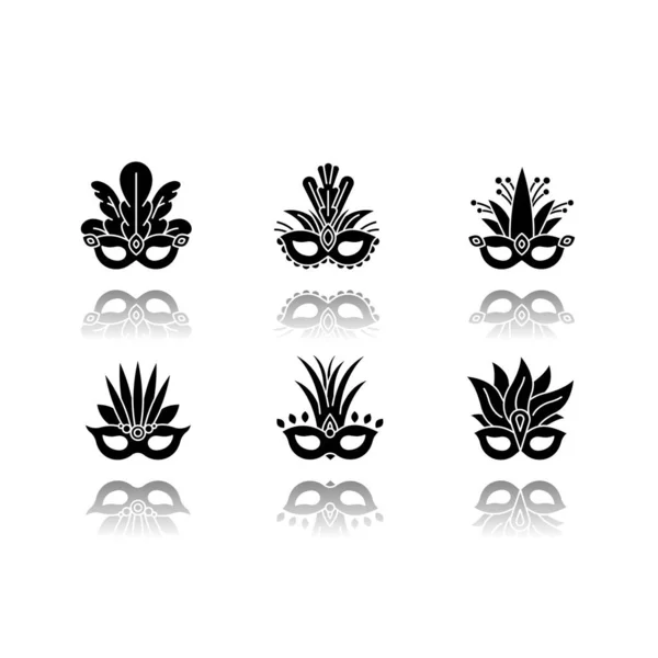 Máscaras Mascarada Gota Sombra Iconos Glifo Negro Conjunto Ropa Cabeza — Vector de stock