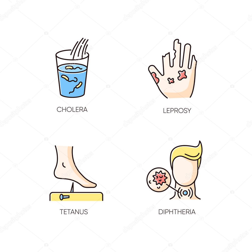 Endemic diseases RGB color icons set. Cholera, leprosy, tetanus and diphtheria viruses. Medical diagnosis, healthcare and medicine. Different bacterial infections isolated vector illustrations