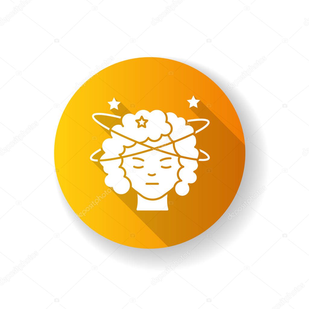 Dizziness orange flat design long shadow glyph icon. Person feeling sick. Stroke in head from heat. Spinning around. Early sign of pregnancy. Vertigo experience. Silhouette RGB color illustration