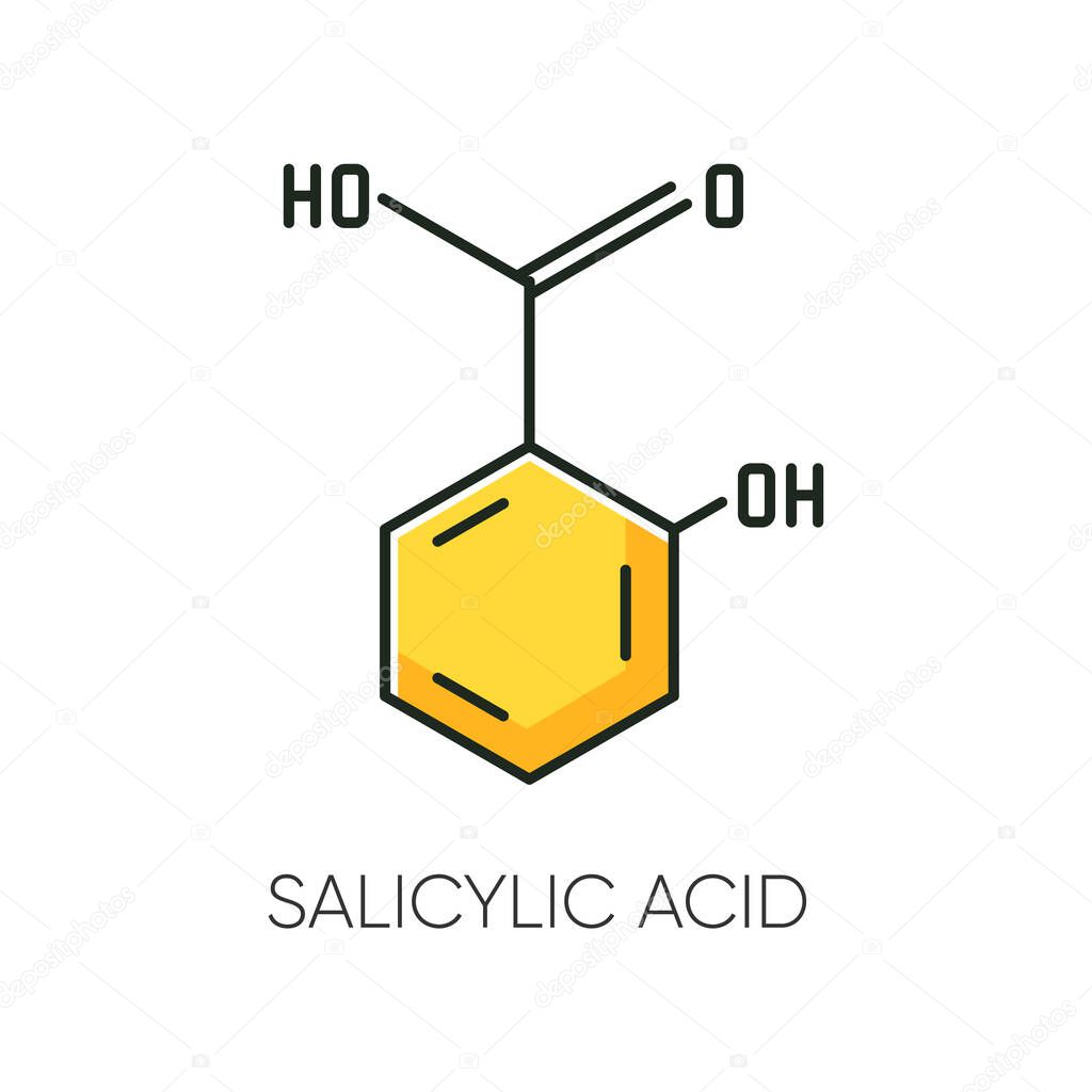 Salicylic acid RGB color icon. Chemical sequence. Molecular formula. Skincare component. Scientific research. Healthcare, cosmetology. Korean beauty. Cosmetic ingredient. Isolated vector illustration