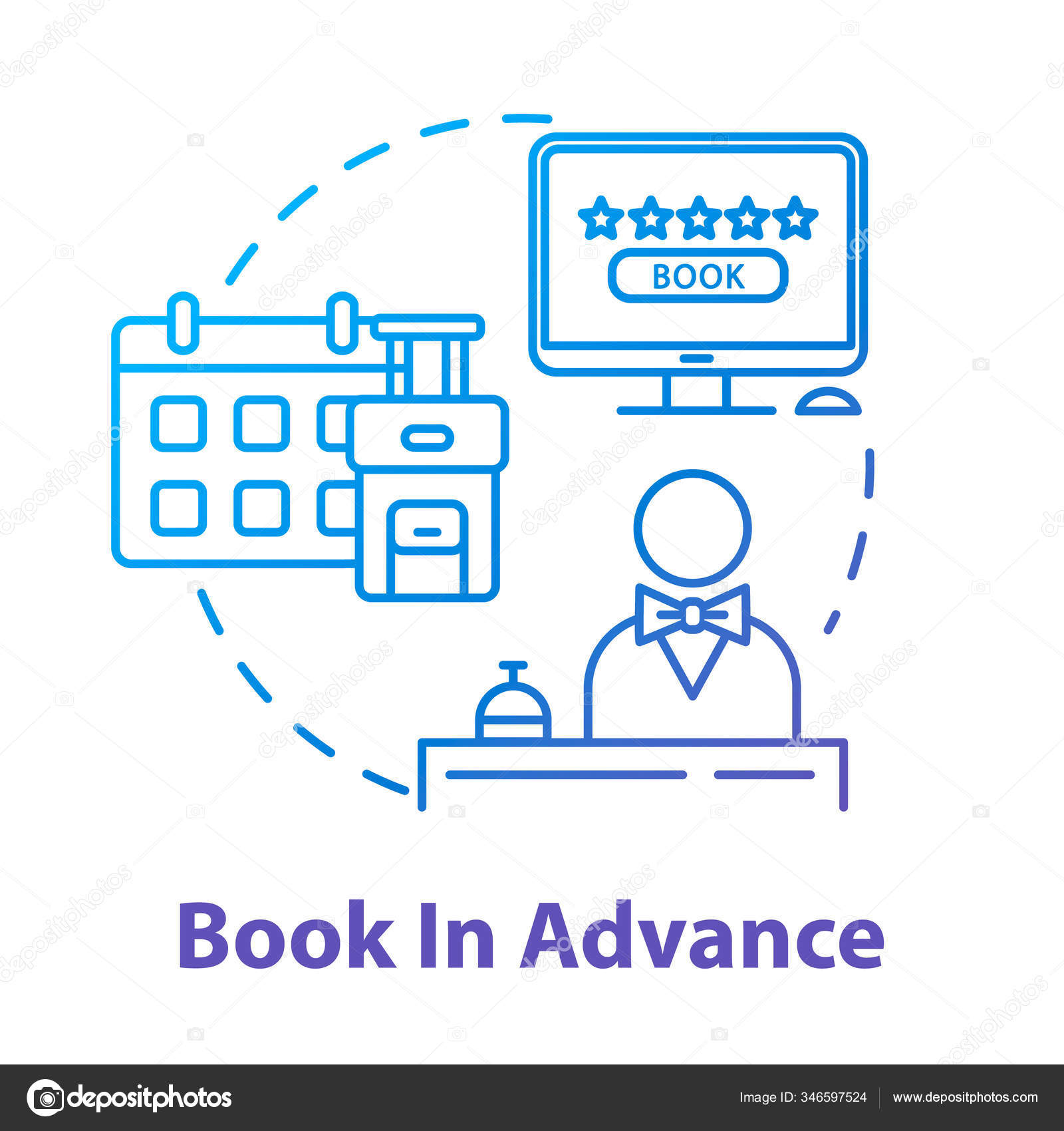 事前にコンセプトアイコンを予約します 事前に旅行を注文し 予算の観光のアイデアを細い線図 初期の宿泊施設 ホテルの予約 ベクトル絶縁アウトラインrgbカラー図面 ストックベクター C Bsd