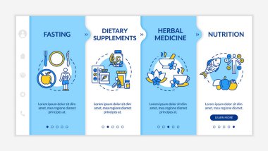 Sağlıklı beslenme vektör şablonunda. Dengeli beslenme planı ve beslenme takviyeleri ikonlarla uyumlu mobil web sitesi. Web sayfası basamak ekranları. RGB renk kavramı