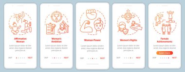 Mobil uygulama sayfası ekranında kavramları olan kadınlar. Kız gücü, hırs ve başarı 5 aşamalı grafik talimatlar. RGB renk resimleriyle UI vektör şablonu