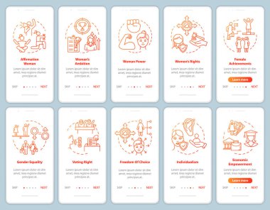 Mobil uygulama sayfasında cinsiyet eşitliği savaşı var. Kadın hakları hareketi 5 aşamalı grafik talimatları gözden geçiriyor. RGB renk resimleriyle UI vektör şablonu