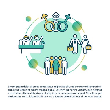 Metinli cinsiyet eşitliği kavramı simgesi. Hükümetteki kadın ve erkekler, PPT sayfa şablonu konumunda. Broşür, dergi, kitapçık tasarım ögesi doğrusal çizimler