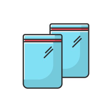 Posta çantası mavi RGB renk simgesi. Boş plastik şeffaf paket. Yiyecek ziplock paketi, PVC kesesi. Atıştırmalık su geçirmez kese. İzole vektör illüstrasyonu