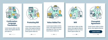 Noter onayı mobil uygulama sayfası ekranında konseptlerle birlikte. Evlilik öncesi anlaşma, Will. Protesto tasarısı. Beş aşamalı grafik talimatları gözden geçir. RGB renk resimleriyle UI vektör şablonu