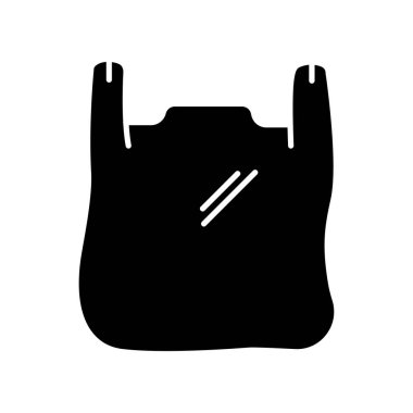 Siyah glyph ikonlu plastik torba. Tek kullanımlık boş paket. Tişört çantası polietilen ambalajı. Şeffaf paket paket. Beyaz uzayda siluet sembolü. Vektör izole illüstrasyonu