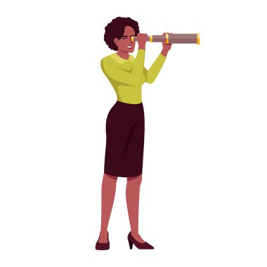 İş geliştirme yön belirleme yarı düz RGB renk vektörü çizimi. Spyglass 'ı olan üst düzey kadın yönetici beyaz arka planda karikatür karakterini izole etti. Stratejik Vizyon Yeteneği