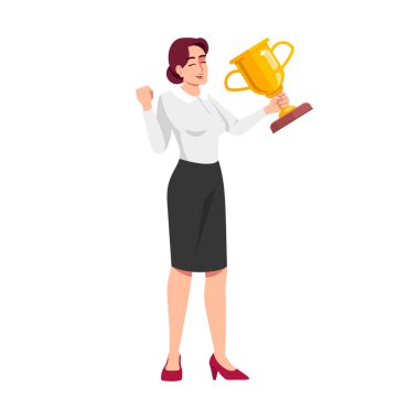 Uzun zamandır beklenen yarı düz RGB renk çizimi. Altın kupa ile heyecanlanan iş kadını beyaz arka planda izole edilmiş çizgi film karakteri. İş yarışması konseptini kazanmak