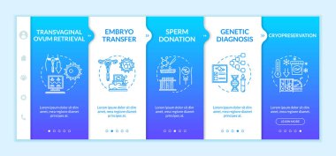 Üreme teknolojisi vektör şablonunda. Hormon tedavisi. Genetik tanı. Embriyo transferi. Simgeli ilgili mobil web sitesi. Web sayfası basamak ekranları. RGB renk kavramı