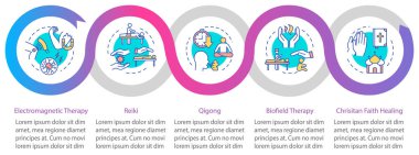Dış enerji tıbbı vektör bilgi şablonu. Alternatif iyileştirme tasarım elementleri. Beş adımlı veri görselleştirmesi. Zaman çizelgesi. Doğrusal simgelerle çalışma akışı düzeni