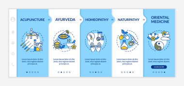 Alternatif tıp vektör şablonunda. Simgeli ilgili mobil web sitesi. Akupunktur, ayurveda, homeopati ve naturopati web sayfası gezinti ekranları. RGB renk kavramı