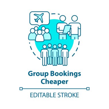 Group booking cheaper concept icon. Collective tour reservation discounts idea thin line illustration. Tourists traveling together vector isolated outline RGB color drawing. Editable stroke