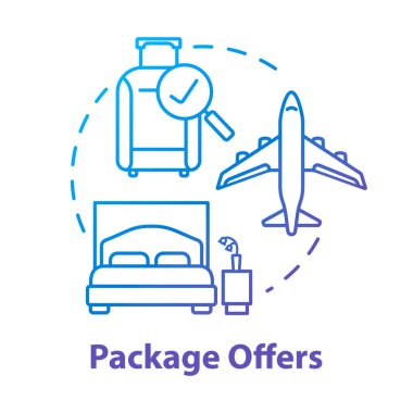 Pakette konsept simgesi var. Etkili turizm maliyeti, her şeyi kapsayan tur fikri ince çizgi çizimi. Ulaşım ve konaklama dahil. Vektör izole edilmiş RGB renk çizimi