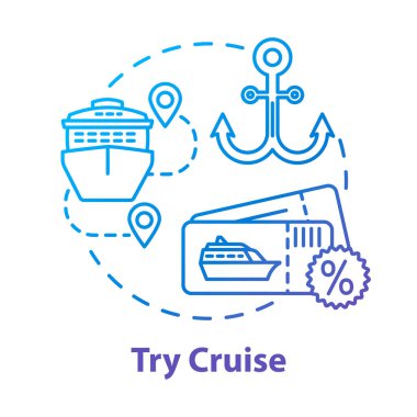 Gezi konsepti simgesini dene. Lüks turizm, pahalı tatil fikri ince çizgi çizimi. Deniz yolculuğu, okyanus gemisindeki eğlence. Vektör izole edilmiş RGB renk çizimi