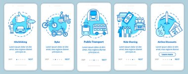 Konseptli mobil uygulama sayfası ekranına yükle. Bisiklet. Araba servisi mi? Ucuz turizm beş adımlık grafik talimatlar veriyor. RGB renk resimleriyle UI vektör şablonu