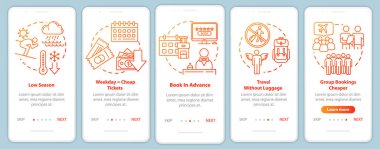 Mobil uygulama sayfası ekranında konseptlerle ön rezervasyon. Tutumluluk. Toplu seyahat. Bütçe turizmi beş aşamalı grafik talimatlardan geçer. UI vektör şablonu, RGB renk çizimleri