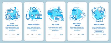 Konseptli mobil uygulama sayfası ekranında ipuçları. Uzaktan kumanda. Hediyelik eşyalar için kart. Bütçe turizmi beş aşamalı grafik talimatlardan geçer. RGB renk resimleriyle UI vektör şablonu