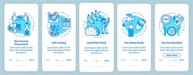 Mobil uygulama sayfası ekranında kavramlarla birlikte ye. Yerel bir dükkan. Yemek pişirmek. Ucuz turizm beş adımlık grafik talimatlar veriyor. RGB renk resimleriyle UI vektör şablonu