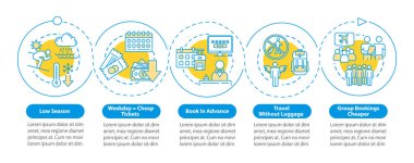 Ucuz seyahat vektörü bilgi şablonu. Bütçe turizmi sunum tasarım unsurları hakkında ipucu veriyor. Beş adımlı veri görselleştirmesi. Zaman çizelgesi. Doğrusal simgelerle çalışma akışı düzeni