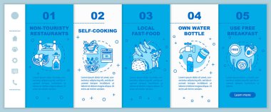 Vektör şablonunda gereksiz yeme seçenekleri. Turistik olmayan restoranlar, kendi kendini pişirme ve fast food. Simgeli ilgili mobil web sitesi. Web sayfası basamak ekranları. RGB renk kavramı