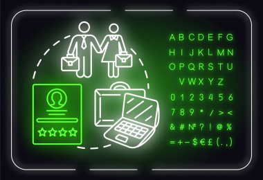 Kariyer neon ışığı konsepti ikonu. Profesyonel eğitim. İşini değiştir. İş geliştirme fikri. Alfabe, sayılar ve sembollerle parlayan bir işaret. Vektör izole edilmiş RGB renk çizimi