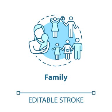 Aile konsepti ikonu. Sevgi dolu bir ilişki. Çocuklu anne ve baba. Çocuklar için çift planlaması ince çizgi çizimi. Vektör izole edilmiş RGB renk çizimi. Düzenlenebilir vuruş