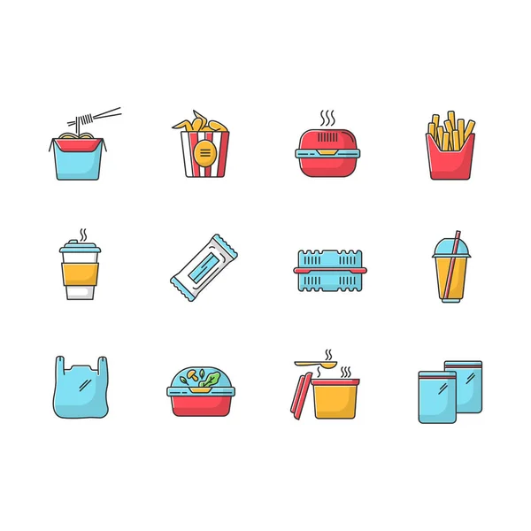 Takeaway food packages RGB color icons set. Take out meal containers, boxes for delivery, zip bag, soup pack. Noodles, bucket of chicken wings, french fries. Isolated vector illustrations