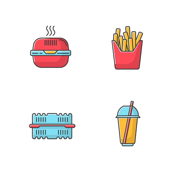 Takeaway food packages RGB color icons set. Burger cardboard box, empty plastic container, disposable cup with straw, french fries pack. Isolated vector illustrations