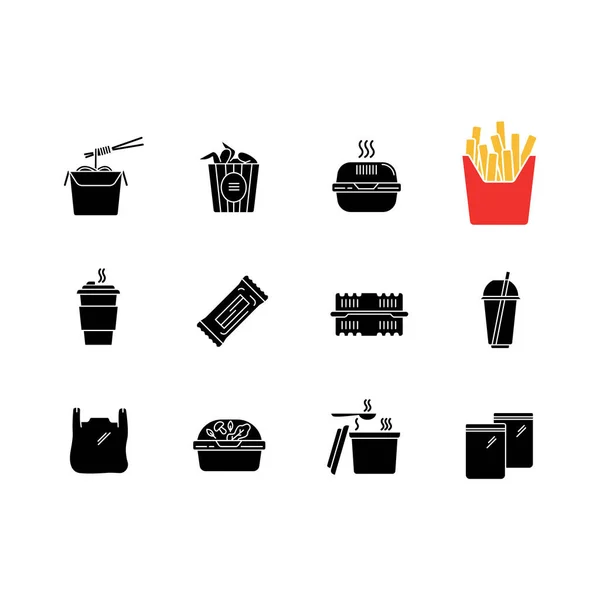 Takeaway food packages black glyph icons set on white space. Take out meal containers, boxes for delivery. Noodles, bucket of wings, french fries. Silhouette symbols. Vector isolated illustration