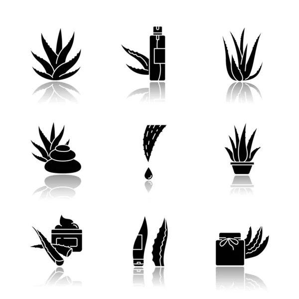 Aloe Vera Ombre Portée Glyphe Noir Icônes Ensemble Spray Cosmétique — Image vectorielle