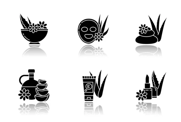 Aloe Vera Drop Shadow Black Glyph Icons Set Kosmetologie Kurbehandlung — Stockvektor