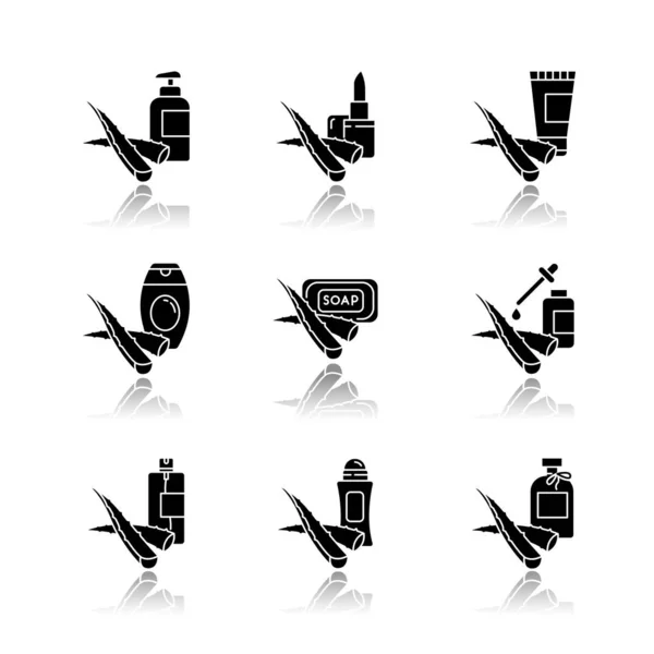 Aloe Vera Drop Shadow Black Glyph Icons Set Kosmetische Produkte — Stockvektor