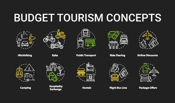 Budget Tourism Chalk Rgb Color Concept Icons Set Affordable Travel — Stock Vector