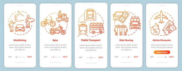 Транспорт Onboarding Mobile App Page Screen Concepts Разделение Машины Экономность — стоковый вектор