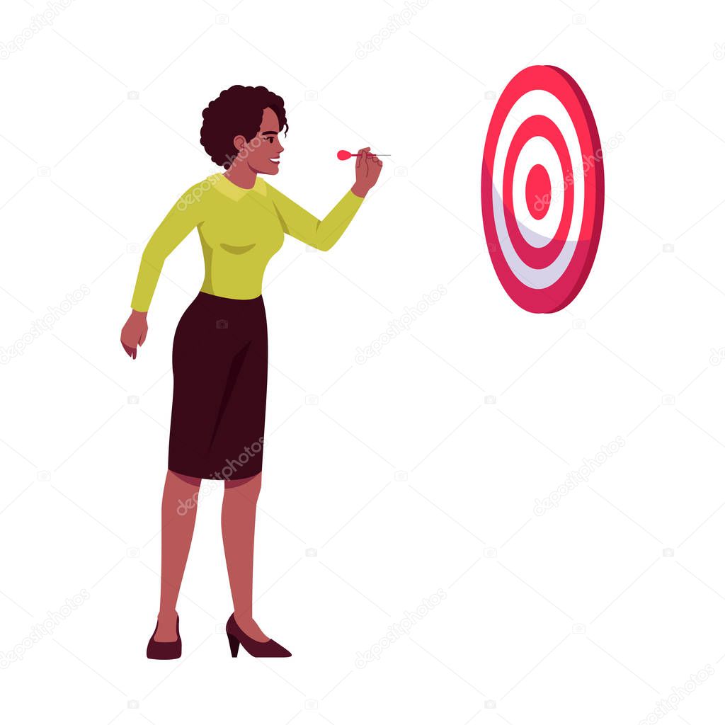 Ambitious employee semi flat RGB color vector illustration. Woman hitting darts board isolated cartoon character on white background. Professional aims and goals identification concept
