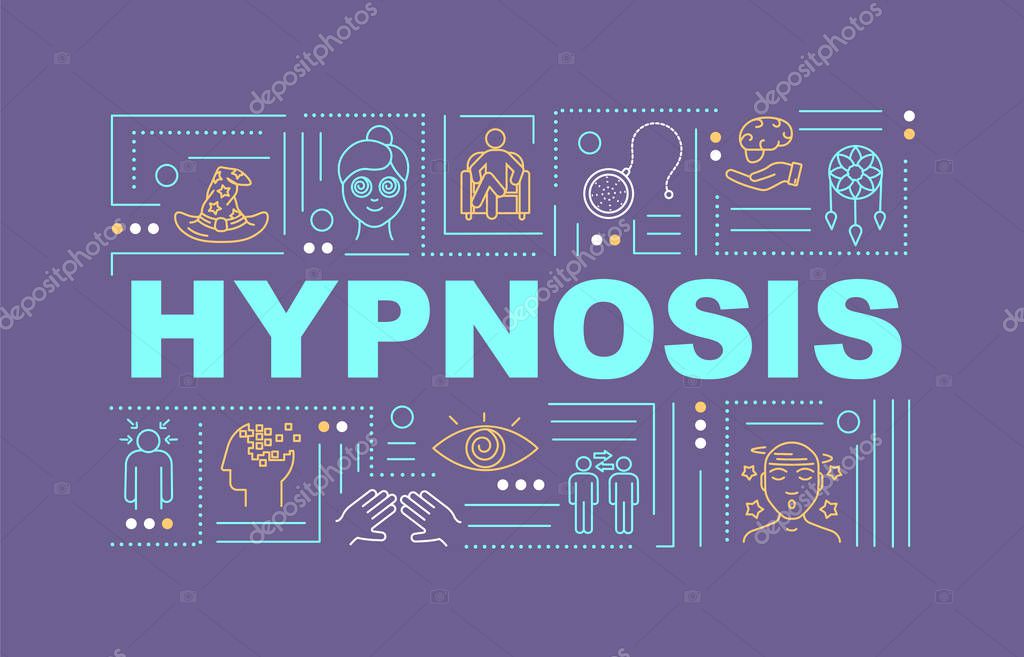 Hypnosis word concepts banner. Hypnotherapy. Subconsciousness. Infographics with linear icons on purple background. Isolated typography. Vector outline RGB color illustration