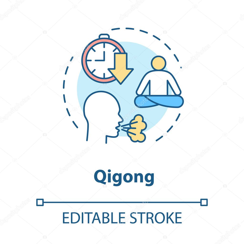 Qigong concept icon. Alternative medicine, oriental therapy idea thin line illustration. Body posture, breathing and meditation technique. Vector isolated outline RGB color drawing. Editable stroke