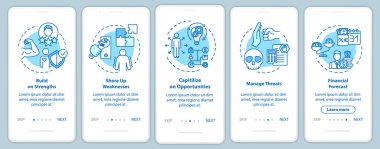 Mobil uygulama sayfa ekranında kavramlarla güç topluyorum. Fırsatları değerlendirip 5 aşamalı grafik talimatlar alıyorum. Rgb renk resimleriyle Ui vektör şablonu