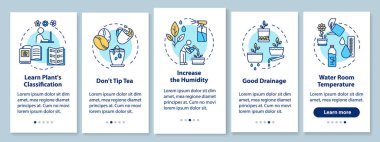 Mobil uygulama sayfasında konseptli ev bitkileriyle ilgilenmek. Çaya bahşiş verme. Çiçekçilik beş aşamalı grafik talimatları inceliyor. Rgb renk resimleriyle Ui vektör şablonu