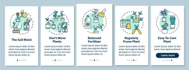 Mobil uygulama sayfasında konseptli ev bitkileriyle ilgilenmek. Dengeli gübre. Çiçekçilik beş aşamalı grafik talimatları inceliyor. Rgb renk resimleriyle Ui vektör şablonu