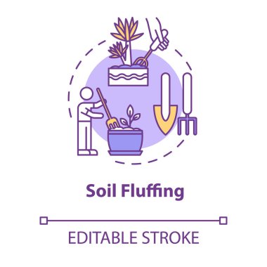 Toprak kabartma konsepti ikonu. Ev bitkileri umursuyor. Kapalı alandaki çiçeklerle ilgili. Çömlek zemin fikri gevşetip ince çizgiler çiziyor. Vektör izole edilmiş Rgb çizimi. Düzenlenebilir vuruş