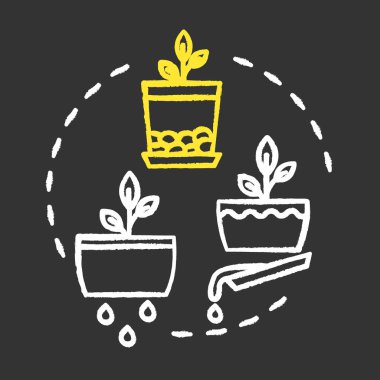 Güzel drenaj tebeşiri RGB renk konsepti simgesi. Bahçıvanlık tavsiyesi. Ev bitkileri umursuyor. Bitki bakıcılığı, çiçekçilik hobisi. Siyah arkaplanda izole edilmiş karatahta çizimi