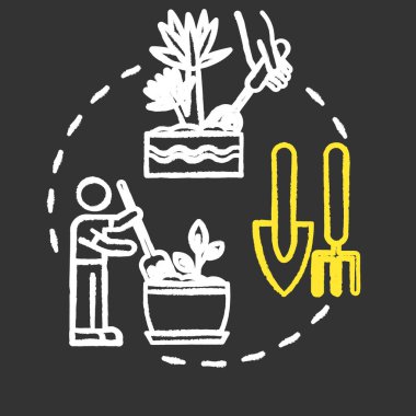 Toprak kabartma tebeşir RGB renk konsepti ikonu. Ev bitkileri umursuyor. Kapalı alandaki çiçeklerle ilgili. Çömlek yeri gevşetici fikir. Siyah arkaplanda izole edilmiş karatahta çizimi