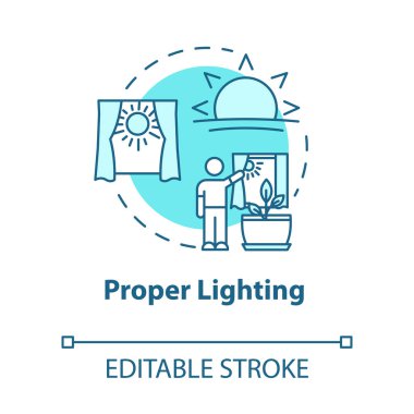 Uygun ışıklandırma konsepti simgesi. Fotosentez. Evde bahçıvanlık. Bitki yetiştiriyorum. Uygun güneş ışığı fikri ince çizgi çizimi. Vektör izole edilmiş RGB renk çizimi. Düzenlenebilir vuruş