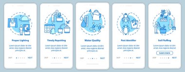 Mobil uygulama sayfa ekranına konseptlerle ilgili endişeler yerleştirir. Işık modu. Bitkisel yetiştirme beş aşamalı grafik talimatları gözden geçiriyor. RGB renk resimleriyle UI vektör şablonu